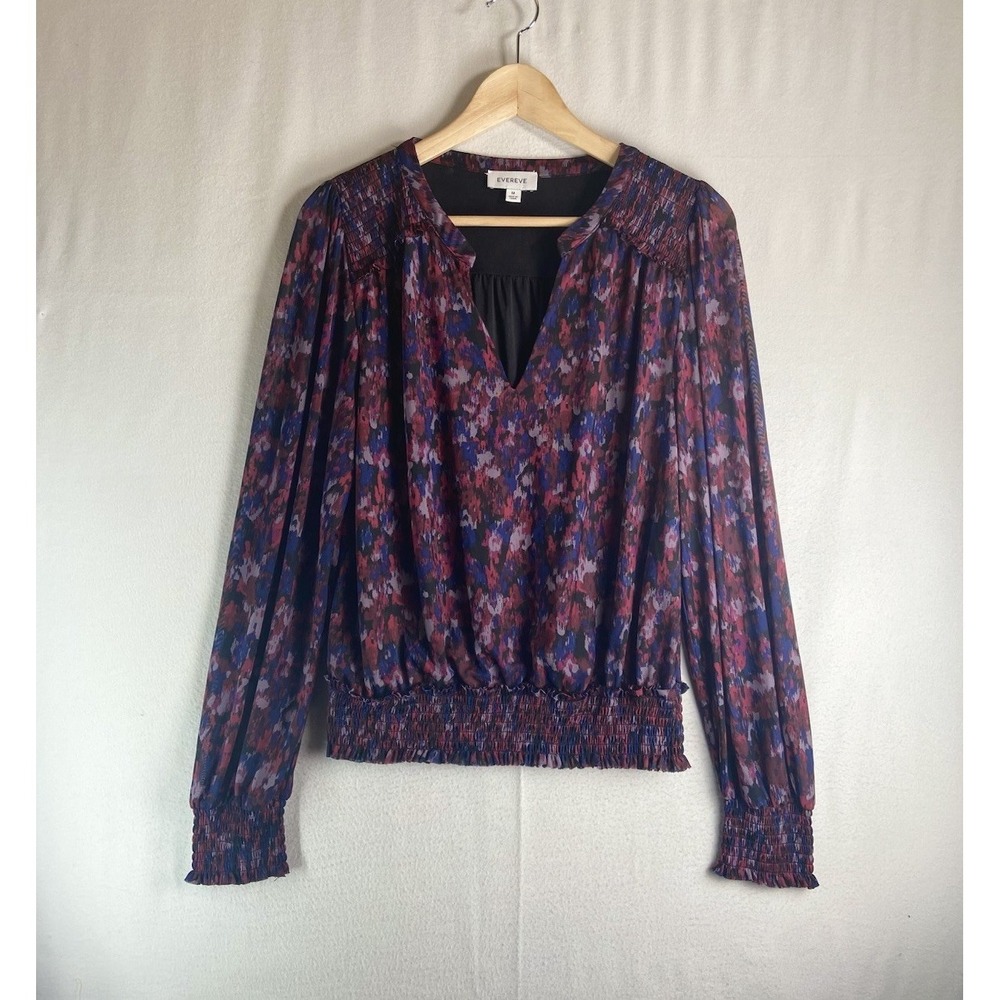 Evereve Blouse M Women Smocked Floral Long Sleeve Boho Peasant Top Multicolor